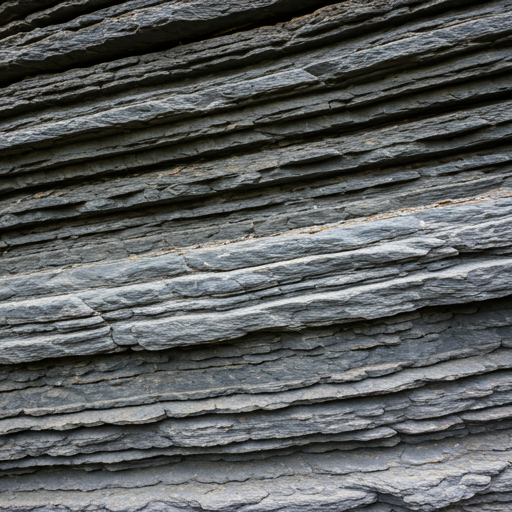 Close up view of raw, textured andesite rock face showing geological layers and dark grey industrial stone quality
